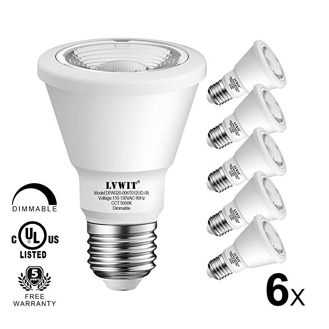 PAR20 LED Spotlight Bulb E26 Base Equivalent 50W, LVWIT 5000K Daylight Dimmable 6W LED Recessed Lamp, 5 Years Warranty, UL-Listed (6 Pack)