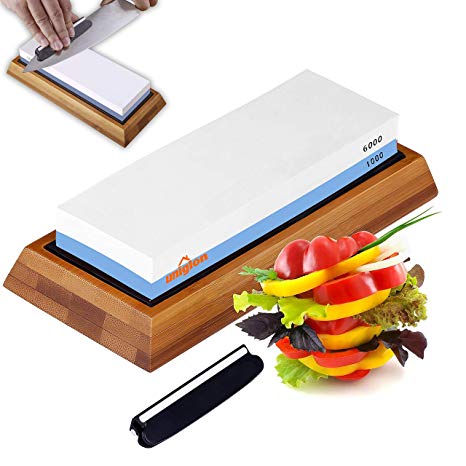 Knife Sharpening Stone - Double-Sided Waterstone. 1000/6000 Grit Whetstone. Non-Slip Bamboo Base and Angle Guide. Perfect Tool for Polishing Kitchen Knives, Hunting Blades. Diamond Water Stone Set