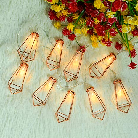 Omika 20 LED Rose Gold Geometric Fairy Lights - USB & Battery Powered, Boho Metal Cage Bedroom String Lights for Wedding Decorations Party Indoor Patio Camping Wall Decor, 10 Ft/3m