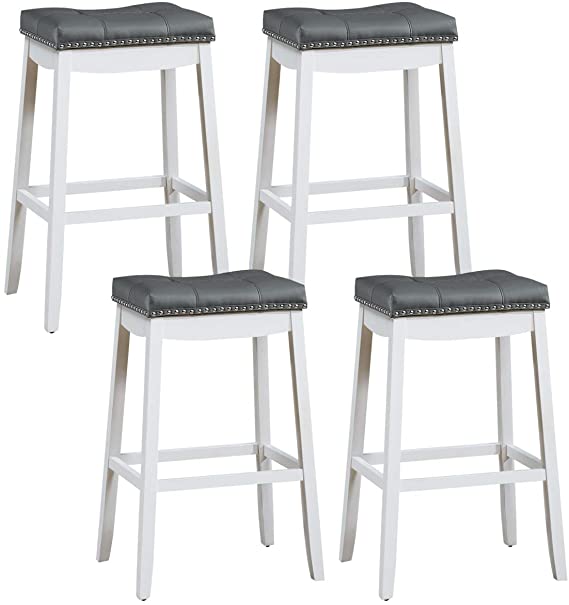 COSTWAY Set of 4 Saddle Stools, Backless Counter Height Stool with Footrest, Nailhead Barstool with Wood Legs and Non-Slip Foot Pads, Soft Seat Cushion for Home Kitchen (Stone Gray White, 29)