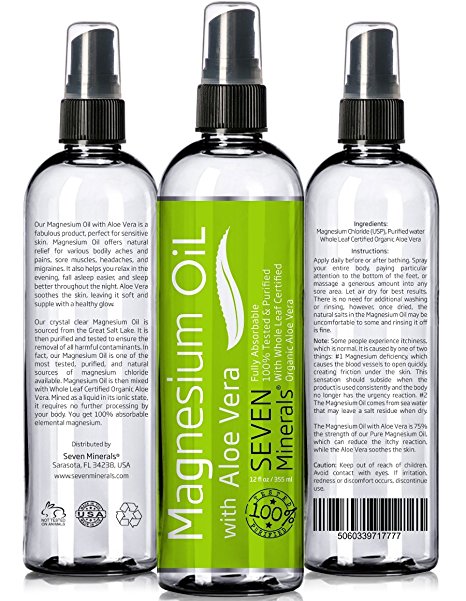 Magnesium Oil with ALOE VERA - LESS ITCHY - USP Grade - FREE E-BOOK - Big 355ml/12oz - SEE RESULTS OR MONEY BACK - Cure for Restless Legs, Leg Cramps, Sore Muscles. Get Healthy Hair & Skin, Sleep Better!