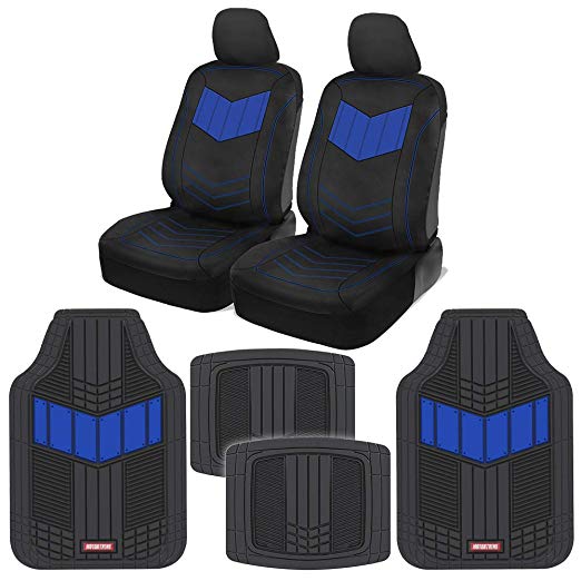Motor Trend C304 Blue ComfortPlush PU Leather Sideless Seat Covers (Front 2pc) & Heavy-Duty Rubber Floor Set (4pc Mat Combo) for Car Auto (Sedan Truck SUV Minivan)