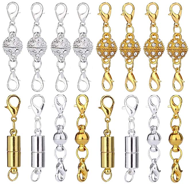 Aiskaer 16 Pcs Magnetic Lobster Clasps for Jewelry Necklace Bracelet Rhinestone Ball Style Cylindrical and Ball Tone Lobster Clasp (16PCS)