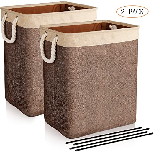 JOMARTO Laundry Baskets with Handles, 2 Pack Collapsible Linen Laundry Hampers Built-in Lining with Detachable Brackets Well-Holding Laundry Storage Basket for Toys Clothes Organizer - Brown