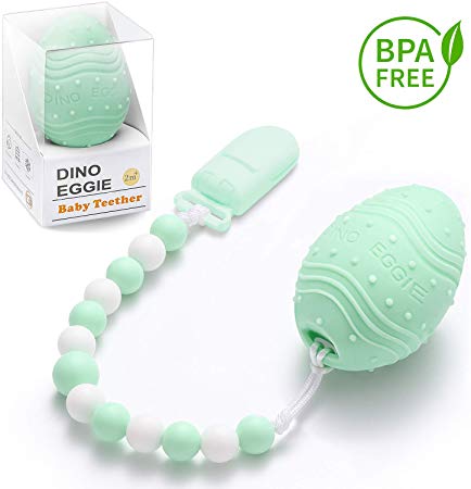 Dino Eggie Egg Teether Baby Teething Toy with Silicone Beaded Pacifier Holder Clip, BPA-Free, CPSC Lab Tested and Approved, for Baby Boys and Girls - Mint