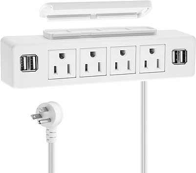 White 9.85FT Cord Under Desk Power Strip, Adhesive Wall Mount Power Strip with USB,Desktop Power Outlets, Removable Mount Multi-Outlets with 4 USB Ports, 4 AC Plugs for Home Office Reading