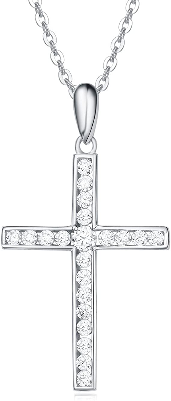 Carleen Yellow Gold Plated Sterling Silver Cubic Zirconia CZ Simulated Diamond Cross Crucifix Pendant Necklace Jewelry for Women Girls, 18" Silver Chain Nice Gifts Jewelry Box