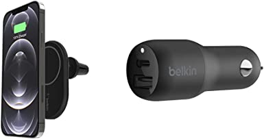 Belkin MagSafe Compatible Car Phone Magnetic Charging Mount & USB C Car Charger, 32W 2 Port with 20W USB-C Power Delivery PD and 12W USB-A Charger