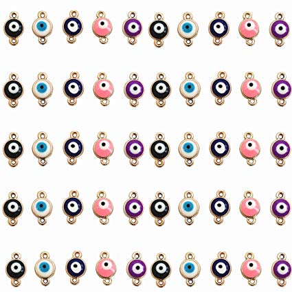 MIAO JIN 50 Pcs Evil Eye Connectors Pendants Fashion Connectors Beads DIY Necklace Bracelet Jewelry Making (5 Colors)