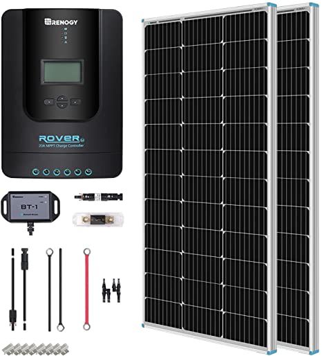 Renogy 200 Watt 12 Volt Monocrystalline Panel Premium 20A Rover MPPT Charge Controller  Bluetooth Fuse  Mounting Z Brackets Adaptor Kit  Tray Cables Set, 200W 12V, RV, Boats,Marine,Solar System