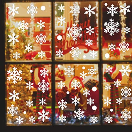 FeiGu 228PCS Christmas Snowflake Stickers, Double-Sided PVC Static White Snowflake Window Clings for Christmas Window Décor, Party Supplies