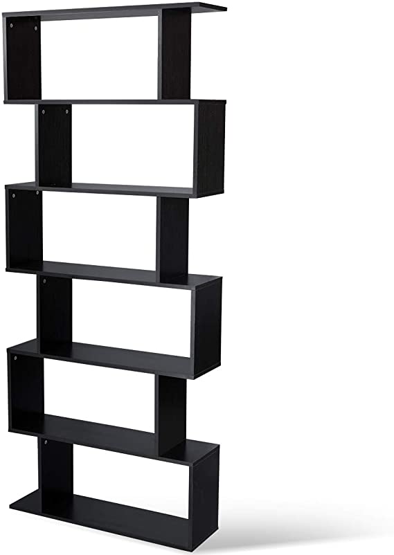 Tangkula Morden 6 Shelf Bookcase, S-Shaped Z-Shelf Style Bookshelf, Wooden Storage Display Stand Shelf for Home Office Living Room (Black)