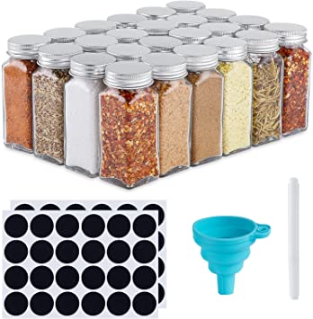 DEFWAY Glass Spice Jars with Labels - 24 Pcs 4oz Empty Glass Jar Square Glass Seasoning Jars with Aluminum Lids, Shaker Tops, Rewritable Labels, Liquid Chalk and Silicone Collapsible Funnel