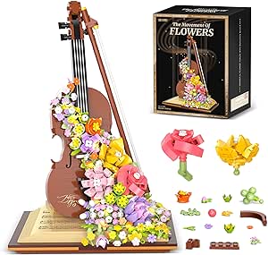 Violin Flowers Building Blocks Sets for Adult, Centerpieces Mini Bricks Flower Bouquet Collection Crafts for Valentines Day Gifts Table Art, Artificial Flowers Home Décor (950 PCS)