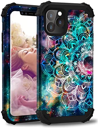 Hocase iPhone 11 Pro Case, Shockproof Heavy Duty Protection Hard Plastic Silicone Rubber Bumper Dual Layer Protective Case with Flower Design for iPhone 11 Pro (5.8-inch) 2019 - Mandala in Galaxy