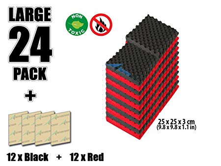 Arrowzoom New 24 Pack of Red & Black (25 X 25 X 3 cm) Convoluted Foam Soundproofing Egg Crate Acoustic Foam Studio Absorbing Tiles Pads Wall Panels (RED&BLACK)