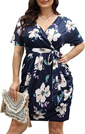 Nemidor Womens Plus Size Wrap Dress Cotton Fitted Ruched Cocktail Party Short Dress NEM294