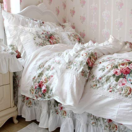 FADFAY Farmhouse Bedding Elegant and Shabby Vintage Rose Floral Duvet Cover Bedskirt Lovely White Lace and Ruffle Style Exquisite Craft 100% Cotton Hypoallergenic,Full Size 4-Pieces