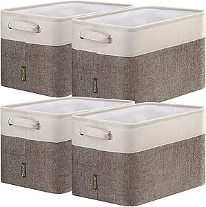 BALEINE 4 Pack Linen Storage Bins, Brown, Organizer for Closet, Decorative Large Storage Cubes and Bookshelf Organizer