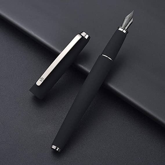 Hongdian Matte Black Fountain Pen Fine Nib, Warrior Series, Classic Design with Converter and Metal Gift Box
