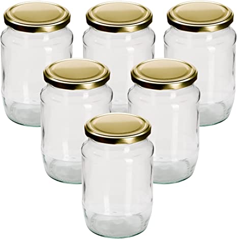 Pack of 6 x 2lb / 720ml Round Glass Jam Jars with Gold Twist Off Lids - (Choice of Lid Colours)