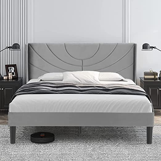 VECELO Full Size Upholstered Platform Bed Frame with Adjustable Fabric Headboard,Wooden Slats Support/No Box Spring Needed/Mattress Foundation/Easy Assembly,Dark Grey