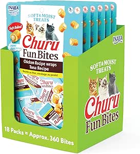 INABA Churu Fun Bites for Cats, Soft & Chewy Baked Chicken Wrapped Filled Cat Treats with Taurine, 0.42 Ounces Each Tetra, 18 Tetras (3 per Bag), Tuna Recipe