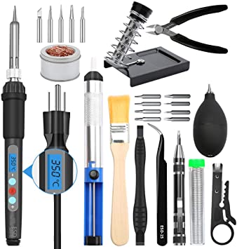 Electronic Soldering Iron Kit, Kingsdun 60W LCD Digital Soldering Gun with Adjustable Temperature Controlled and Fast Heating Ceramic Thermostatic Design, ON-Off Switch 15pcs Solder Kit & Welding Tool