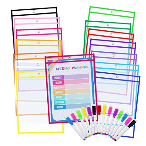 JPSOR 14pcs Dry Erase Pocket, 14-Color 10×13" Oversized Dry Erase Sleeves with 14 Colorful Pens and 8 Learning Sheets