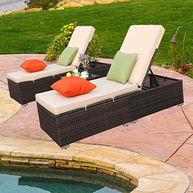 Do4U 3 Pieces Outdoor Chaise Lounge - Easy to Assemble Chaise Longue - Thick & Comfy Cushion Wicker Lounge Chairs Include 1 Table and 2 Chaise Lounge- Mix Rattan with Light Brown Cushion (7333-MIX)