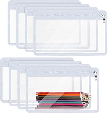 8 Pieces Clear Zipper Pouches Pencil Pouches PVC Makeup Pouch Envelopes Folder Storage Multi Purpose Pouch Document File Organization Bags, Office Supplies (White Edging, 11.5 x 7 Inches)