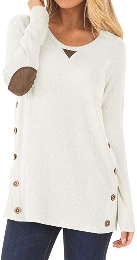 Spadehill Women Long Sleeve Tunic Tops with Faux Suede Elbow Patches and Button