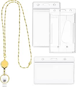 Zonon Retractable Badge Reel Lanyard with ID Holder for Women, Cruise Lanyard Stainless Steel Necklace with 3 Pieces Name Badge Holder Clip for Teacher(Gold)