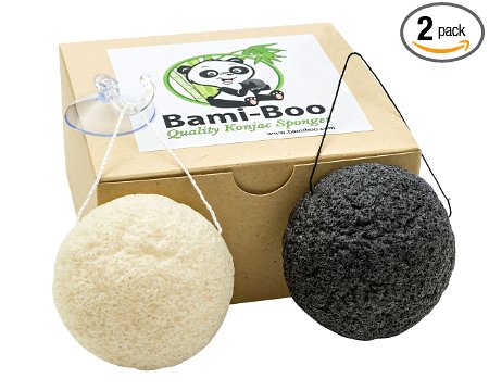 Konjac Sponge - Black & White -  2 Pack - All Natural Fiber - Environmentally Friendly   Suction Cup with Hook and Attached String