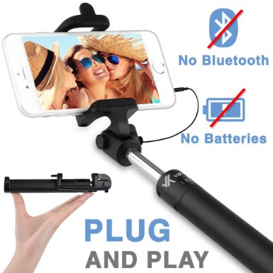 Voxkin  Ultra Portable Wired Selfie Stick 9733 No Bluetooth Pairing - No Battery Charging 9733 Premium and Sturdy Design 9733 Best Pocket Sized Cable Monopod - Compatible with iPhone Android and All SmartPhones