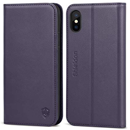 iPhone Xs Case, SHIELDON Genuine Leather Premium iPhone Xs Wallet Case [Auto Sleep/Wake] [Folio Cover] [Stand Feature] with Credit Card Slots Protection Case Compatible with iPhone Xs (2018) - Purple