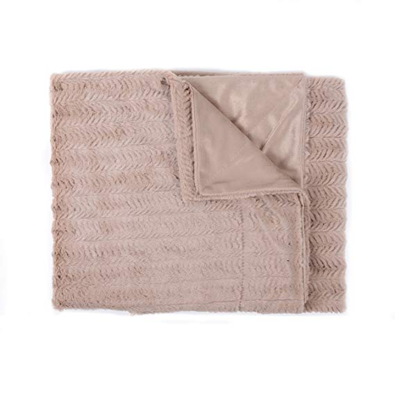 Sweet Home Collection Harper Decorative Reversible Faux Fur and Mink Throw Blanket, 50 x 60, Rib Pattern, Taupe