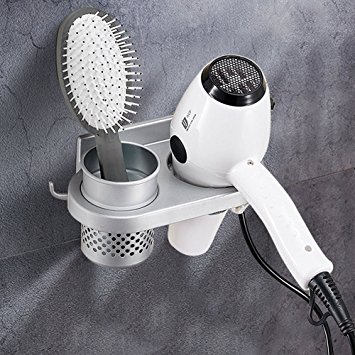 TOPINCN Aluminum Wall-mount Bathroom Washroom Hair Dryer Holder Blower Storage Organizer with A Cup