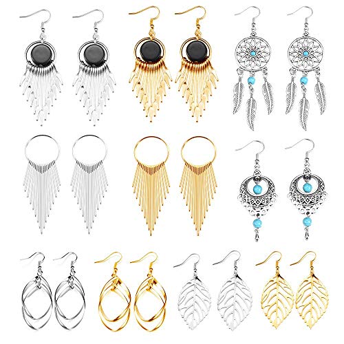 10 Pairs Drop Dangle Earrings Golden Silvery Fashion Jewelry Fringed Tassel Character Exaggerated Earrings Set for Women & Girls