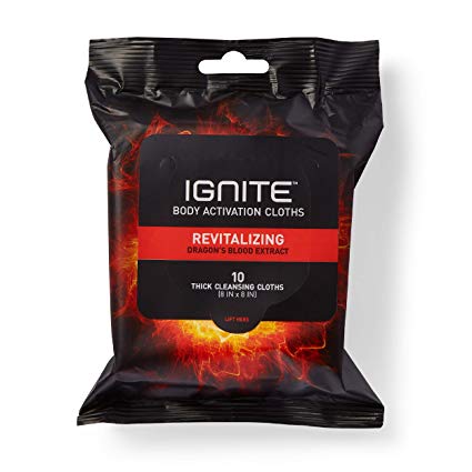 Ignite Mens Shower Body Wipes, Revitalizing Extra Thick Body Cloths with a Bold Scent, Great for Camping, After Gym, Travel (10 Count)