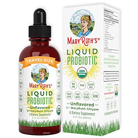 Organic Liquid Probiotics & Enzymes by MaryRuth's (Plant & Water Based) for Men Women Kids & Toddlers - Non-GMO Vegan Raw - 12 Potent Live strains of Flora - Acidophilus (2oz Glass Travel Size)