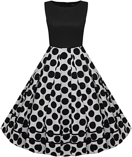 ACEVOG Womens Classy Vintage Polka Dot Audrey Hepburn Style Lace Print Evening Dress