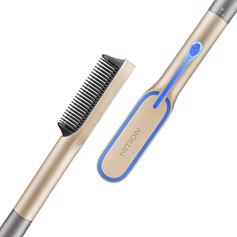 NITION 2-in-1 Hot Hair Comb & Straightening Flat Iron Combined Argan Oil Tourmaline Ceramic Titanium Hair Straightener Brush for Home Salon Styling,MCH 15s Fast Heating LCD 450°F(6 Temps),Anti-Scald