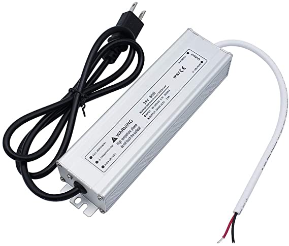 inShareplus LED Power Supply, 24V 60W IP67 Waterproof Outdoor Driver, AC 90-265V to DC 24V 2.5A Low Voltage Transformer, Adapter with 3-Prong Plug for LED Light, Computer Project, Outdoor Use