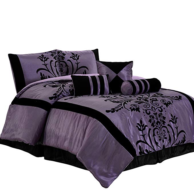 Chezmoi Collection 7-piece Black Violet Flocked Floral Faux Silk Bedding Comforter Set (California King)