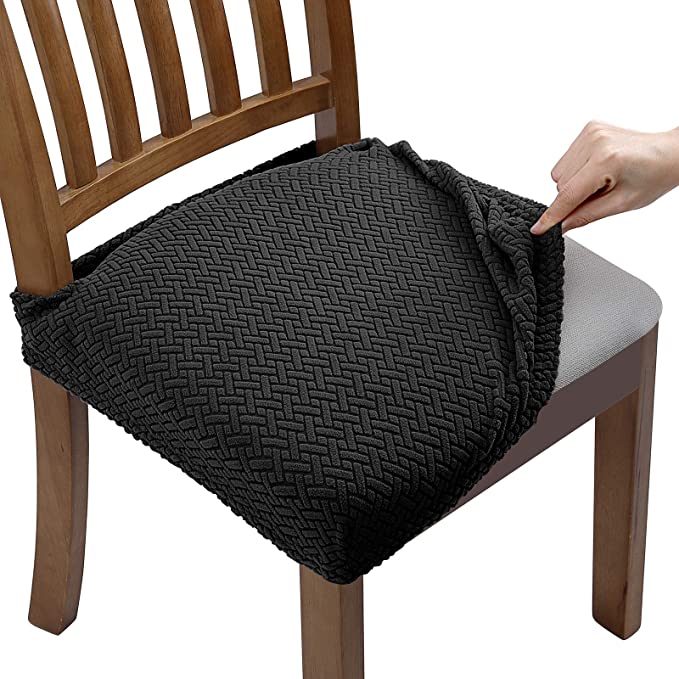 Fuloon Stretch Jacquard Chair Seat Covers for Dining Room, Removable Washable Anti-Dust Chair Seat Protector Slipcovers (Black, 4)