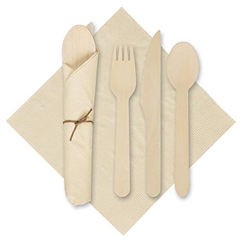 Hoffmaster-120030 6" x 6" CaterWrap Pre-Rolled Kraft Napkins with Wood Cutlery, 100ct
