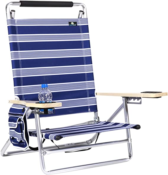Deluxe 5 Reclining Pos Lay Flat Aluminum Beach Chair for Sand with Cup Holder, Lightweight Folding, 250 lb Load Capacity