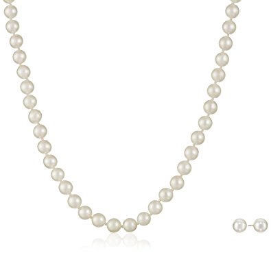 14k Yellow Gold Akoya Cultured Pearl Necklace and Stud Earring Set (6.5-7mm)