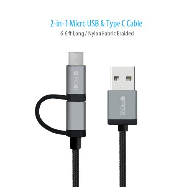 TROND® 2 in 1 USB 2.0 Type C Charger Cable Braided (6.6ft Long, 56kΩ Pullup Resistor, Sync & Charging), For Android Smartphones, Apple New MacBook 12 inch, Google Chromebook Pixel, Nexus 5X 6P & More